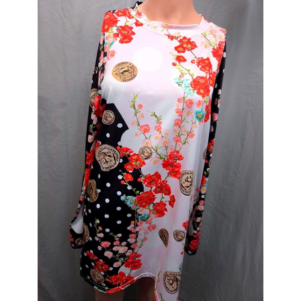 Eclectic Floral Top Graphic Coin Polka Dot Print Multi Color Stretch Lightweight
